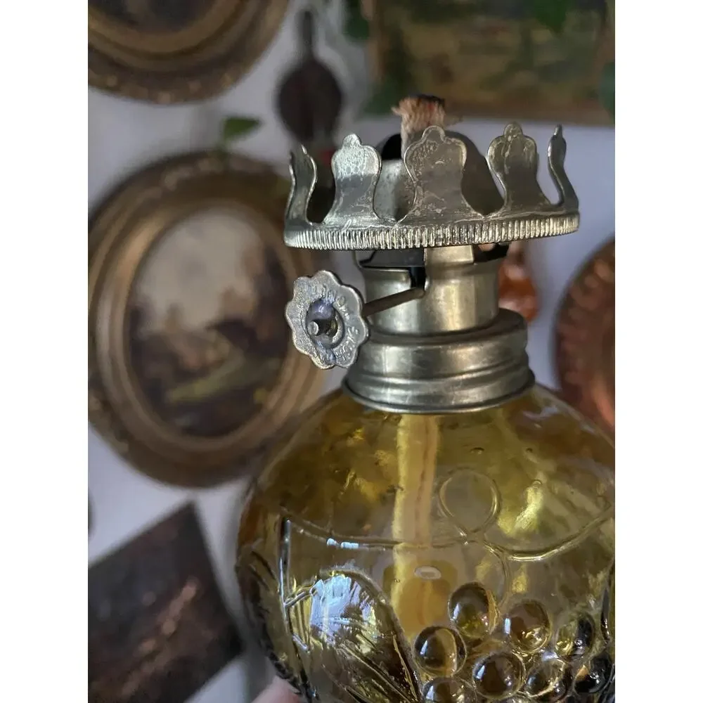 Vintage Amber Glass Oil Lamp Grapes And Leaves Embossed Glass With Wick
